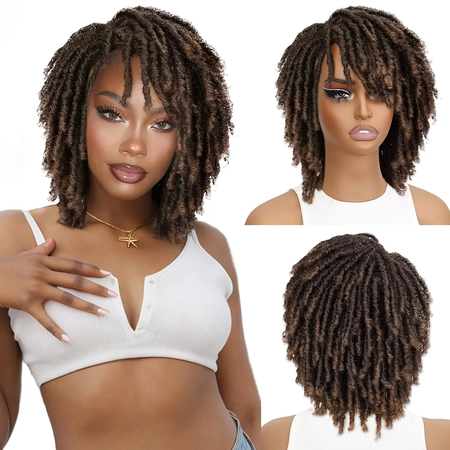 Full Curly Crochet Braided Wig Natural Synthetic African Dreadlock Curly Hair Short Twist Design Breathable Layered Bob Cut Daily & Cosplay Replacement Wig