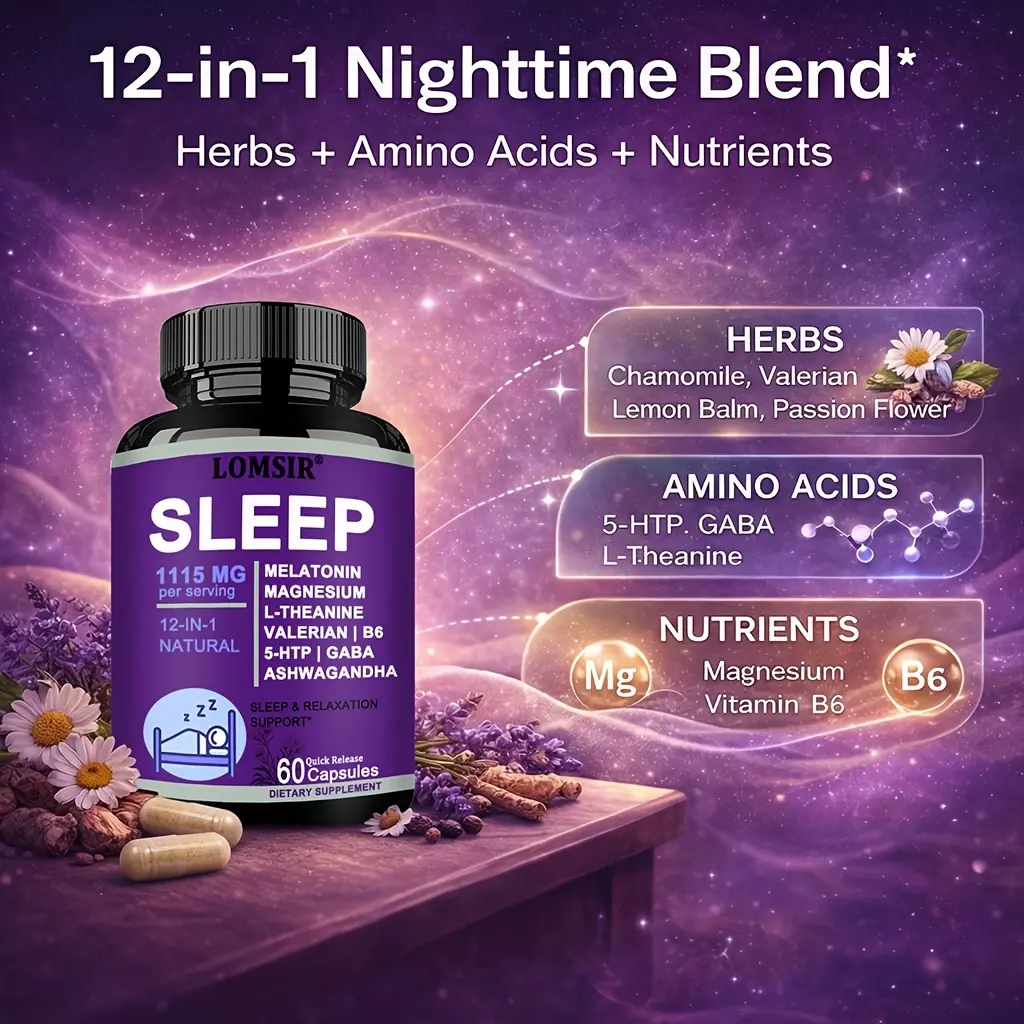 Natural Sleep Aids for Adults with Melatonin 5mg and Magnesium Glycinate 500mg, Ashwagandha, L Theanine, Valerian Root, GABA, 5-HTP and more, 12-in-1 Melatonin Sleep Capsules - 60 Capsules