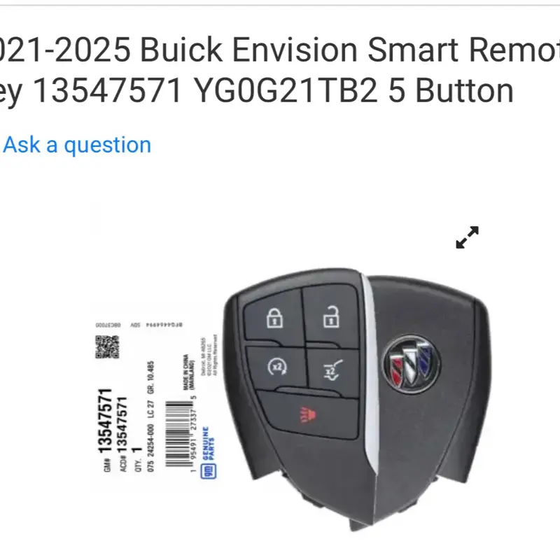 2021-2025 Buick Envision Smart Remote Key 13547571 YG0G21TB2 5 Button