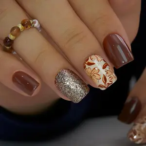 CurvLife Golden Mocha Press-On Nails – 30PCS Short Square Coffee Brown Nails with Gold Glitter & Floral Accent, Warm Autumn Tones, Non-Toxic & Reusable, Easy to Apply, Perfect for Fall, Office & Elegant Daily Look