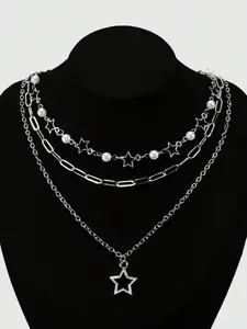 Punk Style Chain & Star Design Pendant Necklace (3pcs/set), Faux Pearl Decor Layered Necklace, Daily Wear Necklace, Accessories for Women & Girls, Jewelry for Birthday Gift, Non Tarnish Jewelry, Modern Versatile Accessories, Dainty Layering Jewelry