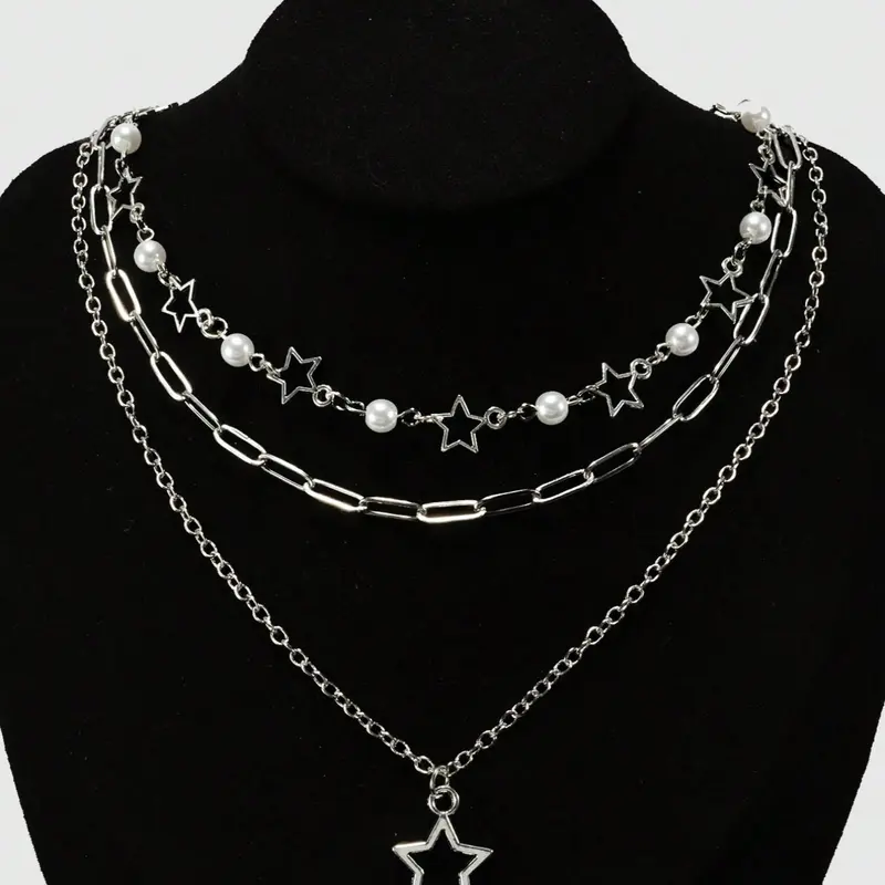 Punk Style Chain & Star Design Pendant Necklace (3pcs/set), Faux Pearl Decor Layered Necklace, Daily Wear Necklace, Accessories for Women & Girls, Trendy Fashionable Accessories, Jewelry for Birthday Gift, Non Tarnish Jewelry, Dainty Layering Jewelry