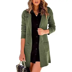 Women’s open-front lapel-collar long cardigan sweater with buttons, solid color outerwear coat