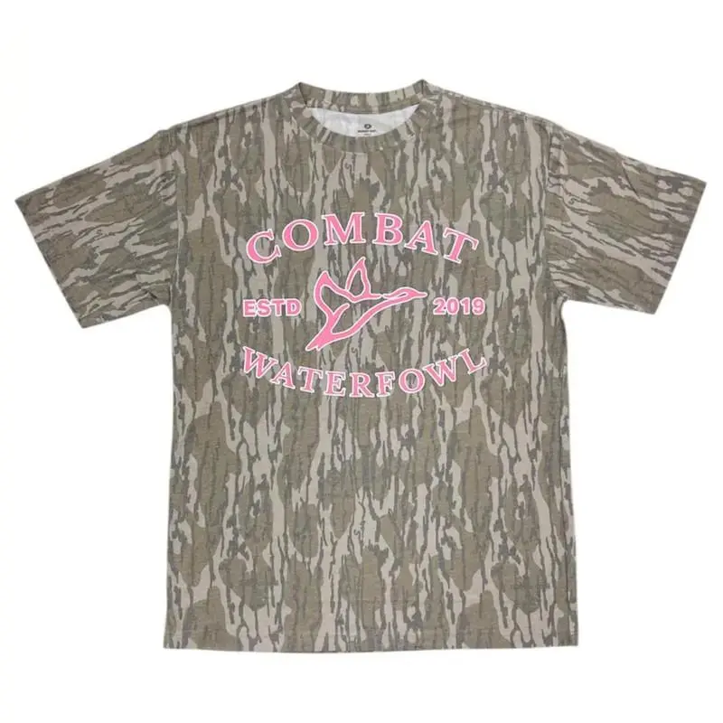 Mossy Oak Combat Camo Pink Waterfowl Unisex Tshirt, Pink Combat Waterfowl Bottomland Camo Shirt Soft Stretch Cotton Full Size S-5XL