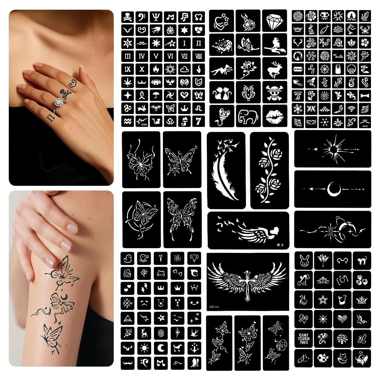 10 Pcs Hollow Out Tattoo Templates Patterns Designs A4 Size, Compatible with Henna Paste, Body Art Stencils, Casual Style, Perfect for DIY Tattoos, Artistic Expression