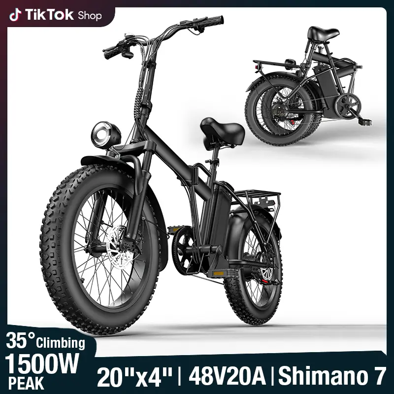 20-Inch All-Terrain Wide Tire Lightweight Folding Ebike - 1500W Peak Power, 48V Removable Battery, Dual Seats, LED Headlight, High-Carbon Steel Structure, Dual Suspension Ebike for Sports Cycling, Outdoor Recreation, Ebikes