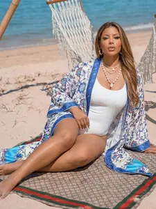 Plus Size Boho Kimono Cardigan, Floral Tropical Print Maxi Robe, Beach Cover Up for Vacation, Stylish and Comfortable Outerwear