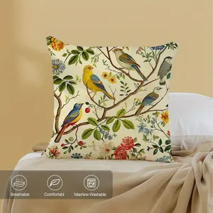 1pc Bird on Tree Illustration Single-Sided Printed Pillow Cover for Sofa - Peach Skin Fabric