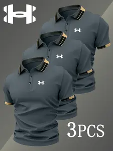 Men's Golf Polo Shirts Set, 4949 Fashion Logo Print, Fitted Trendy Casual Geometric Pattern, Breathable Stretch Fabric, All-Season Comfort, Collared Polo Shirts
