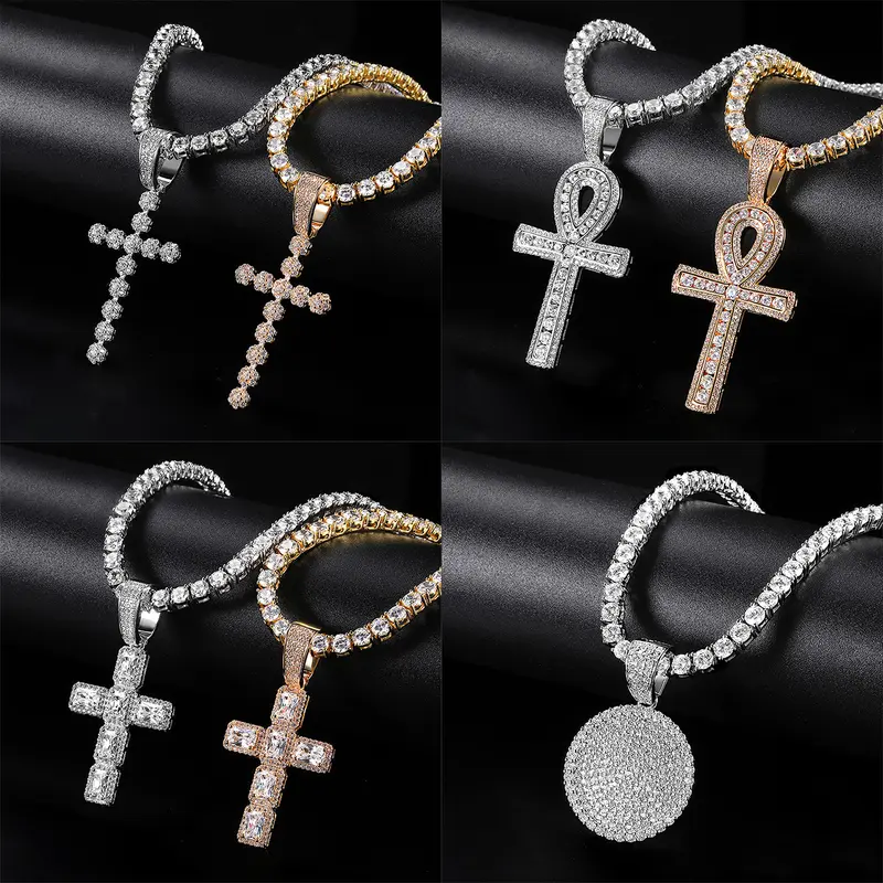 【Cross Pendant+ Full CZ Necklace】4MM CZ Brass Tennis Necklace Round Cubic Classic Hiphop Style Trendy Elegant For Women For Men chain