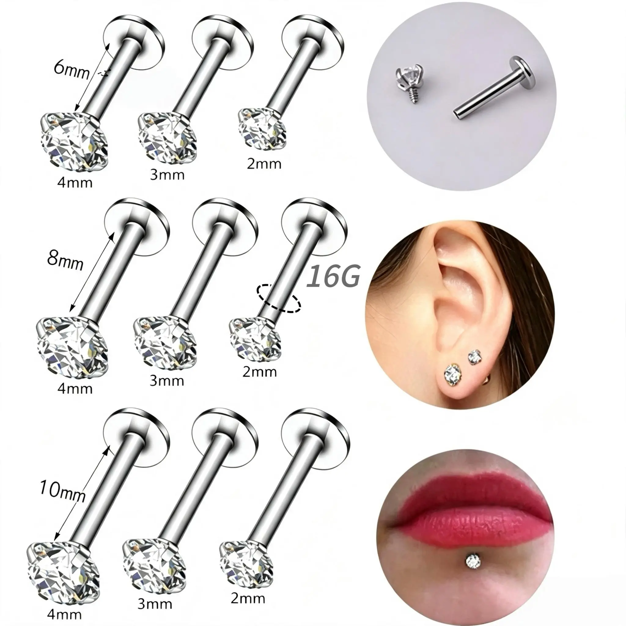 9pcs 16G Stainless Steel Internal Labret Flatback Earrings Lips Labret Ear Lobe Percings, Flat Pierced Jewelry,Internal Labret Round Gemstone piercings