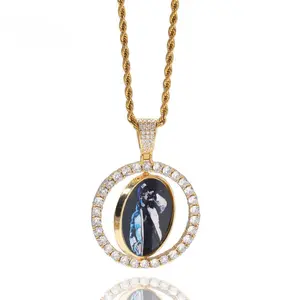[ICE HUE]18K Gold Vacuum Plated Copper with 5A+ Sri Lanka Zircon Personalized Double-Sided Photo Rotatable  Pendant With Necklace Miami Italy Mexico & Micro Inspired for Women & Men Luxury Jewelry,Daily Wear, Fashion,Gift,Chicano,Hip Hop,Simple,Sporty