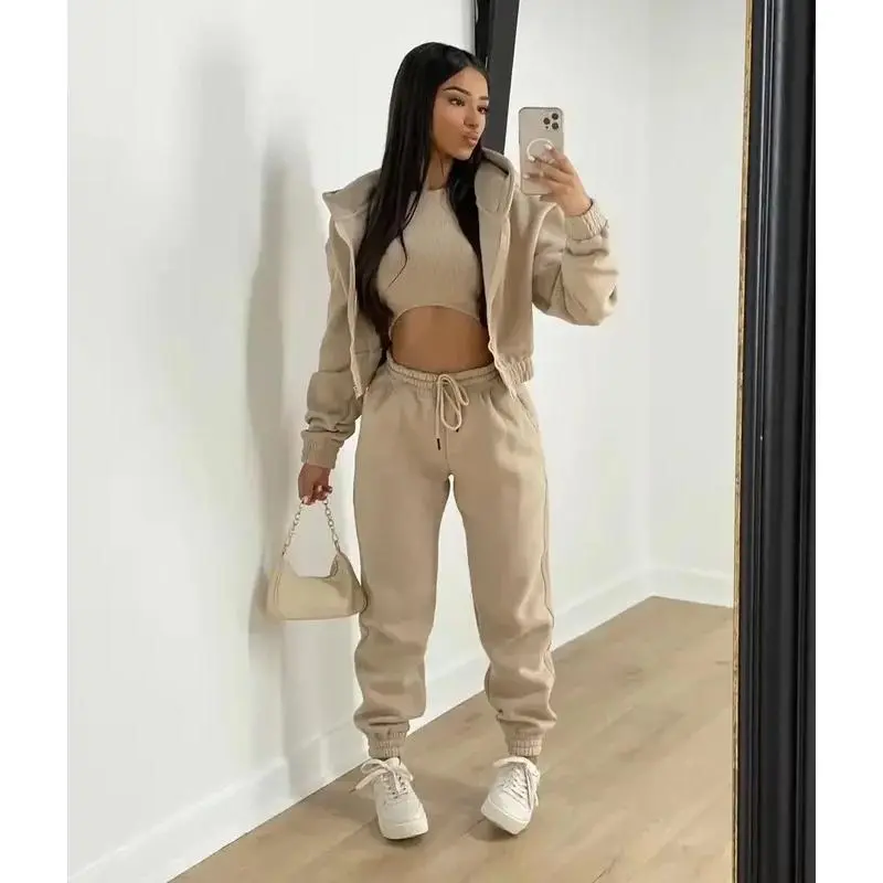 Women's Basic 3-Piece Sports Clothing Set - Fleece-Lined Long Sleeve Hooded Sweater, Sleeveless Tank Top, Sports Sweatpants