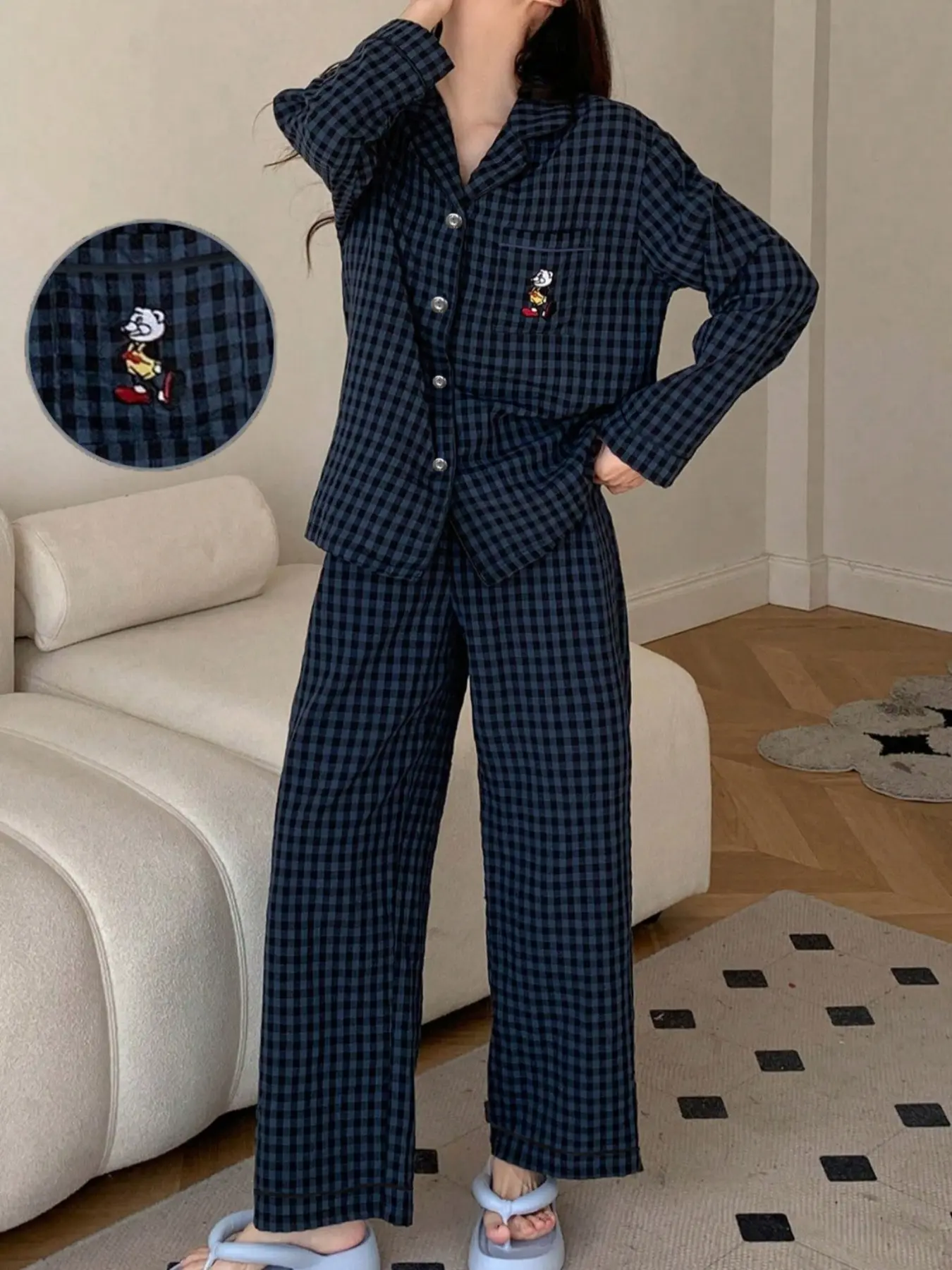 Cute Cartoon Pattern Pajama Set for Women, Casual Lapel Plaid Sleepwear, Loungewear, Homewear, Comfortable Woven Home Clothes for Spring & Fall Seasons