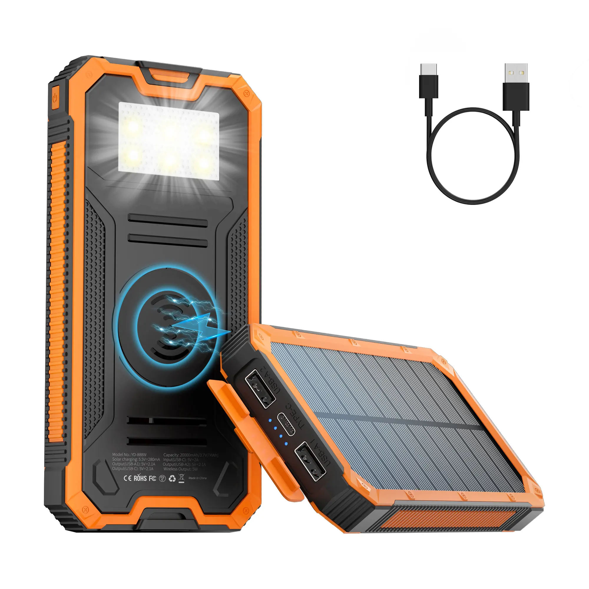 Summerwins 20000mAh Solar Power Bank - Solar Charger, Wireless, Waterproof, Fast Charging Mobile Accessory with Triple Port Output, Bright Flashlight, USB 3.0, Compass, Portable Pack for Travel and Camping tiktokshopbacktoschool