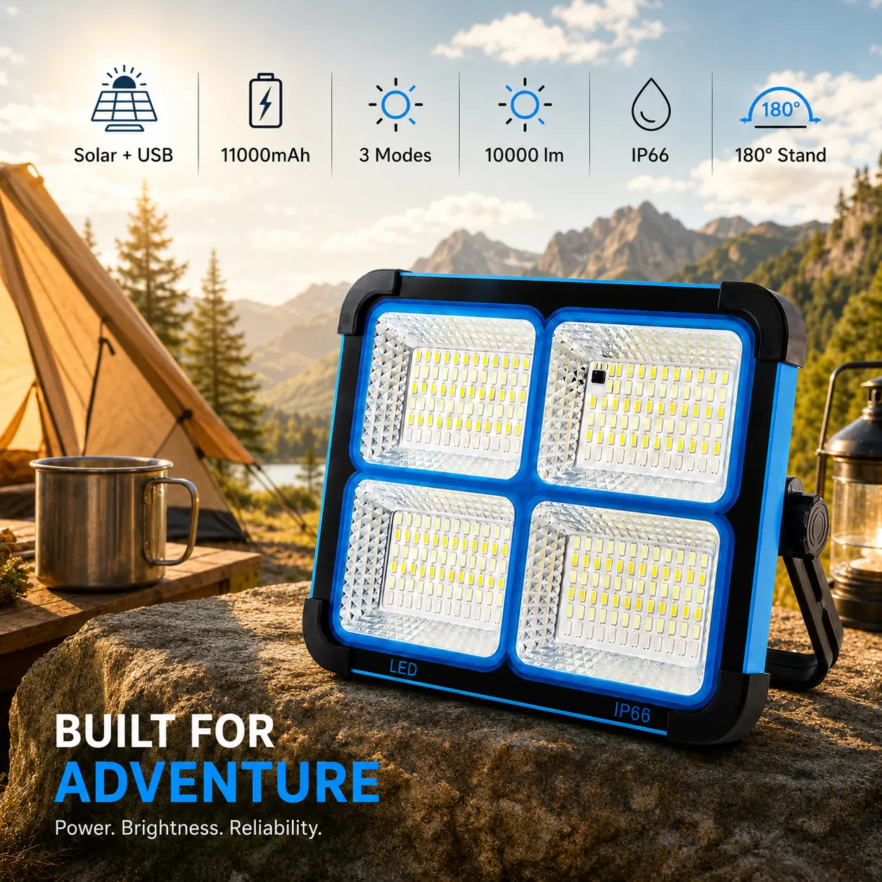 Solar Rechargeable LED Work Light, 288 Super Bright 5730 Beads Floodlight with USB & Type-C Charging, 5 Lighting Modes, IP66 Waterproof Portable Lamp for Camping Fishing Emergency Outdoor Use