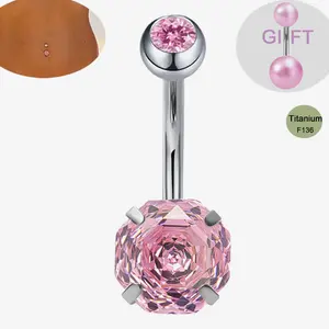 2pcs 14G Titanium Belly Piercing Jewelry,Newest CZ Shiny Blooming Rose Design Belly Button Rings,Available Materials F136 Bellys Ring for New Belly Piercing Holes