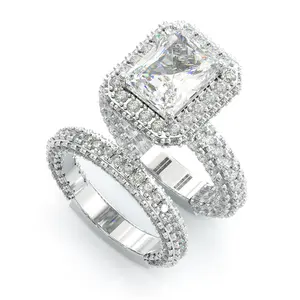 Jzora 3.5ct radiant cut halo vintage sterling silver wedding ring set,Anniversary ring set for women