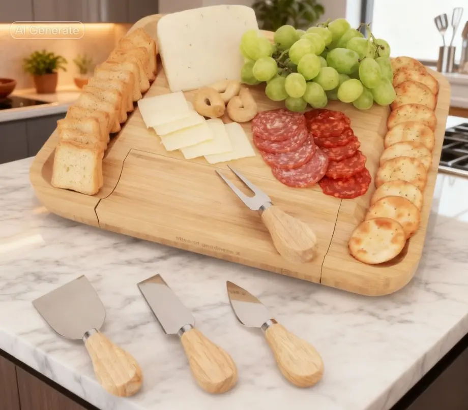 Cheese Board Set - Large Wooden Charcuterie Boards Accessories Set with Narrow and Flat Knives, Cheese Fork, and Small Spade Inside Hidden Drawer