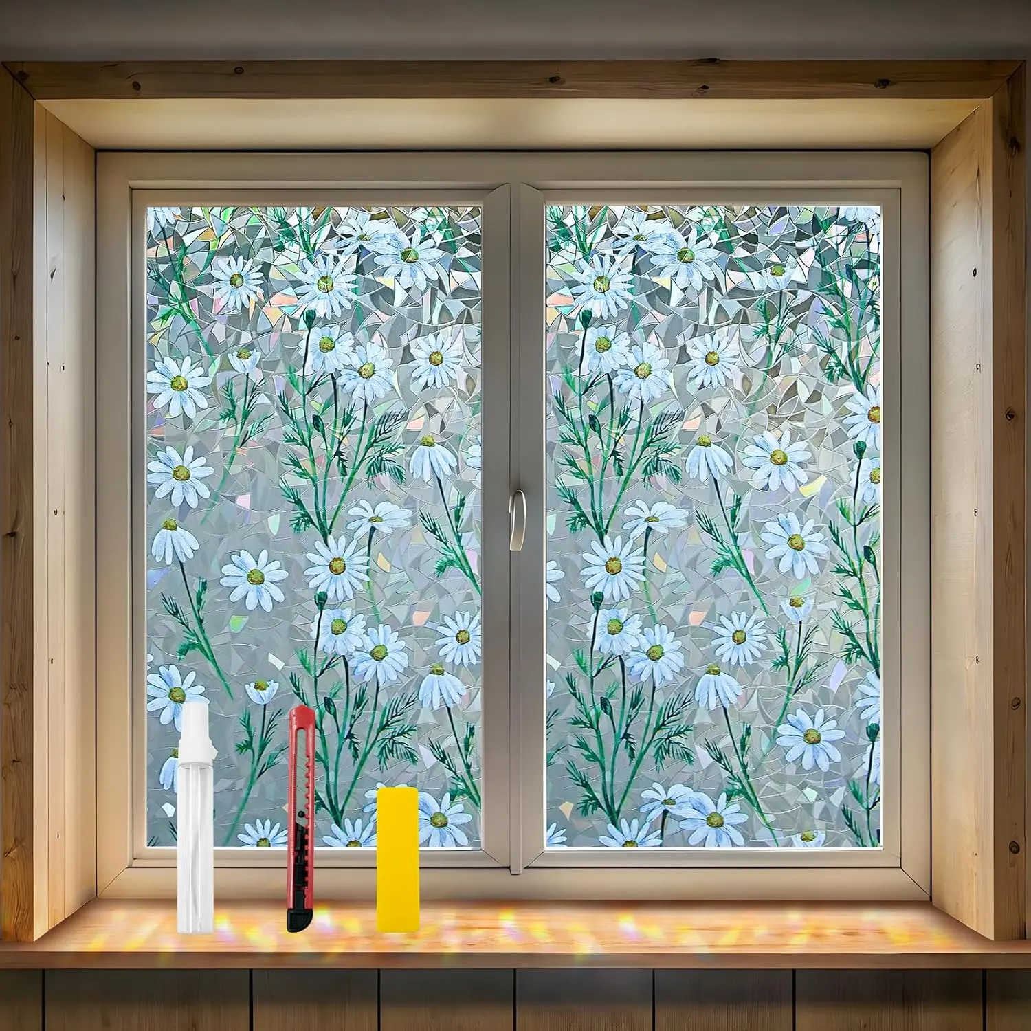 QHY Sunshine  Window Film with Installation Tool Decorative Stained Glass Window Stickers  Window Film (Leafy Daisy, 17.5 x 78.7)