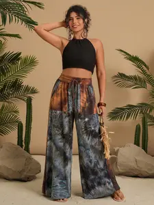 Boho Floral Print High Waist Drawstring Adjustable Bohemian Wide Leg Pants, Slimming Fashion Design, Casual Workwear, Boho Trousers, Loose-Fitting Long Pants for Women, Bohemian Style Pants