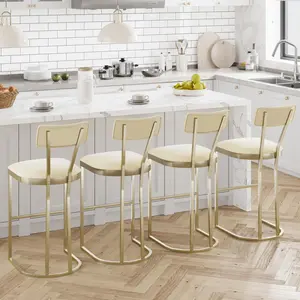 Bar Stools Set of 4, High Back Counter Height Bar Stools with White Velvet Upholstery & Gold Metal Legs, Soft Padded Kitchen Island Stools, Bar Chairs for Home Bar (White & Gold)