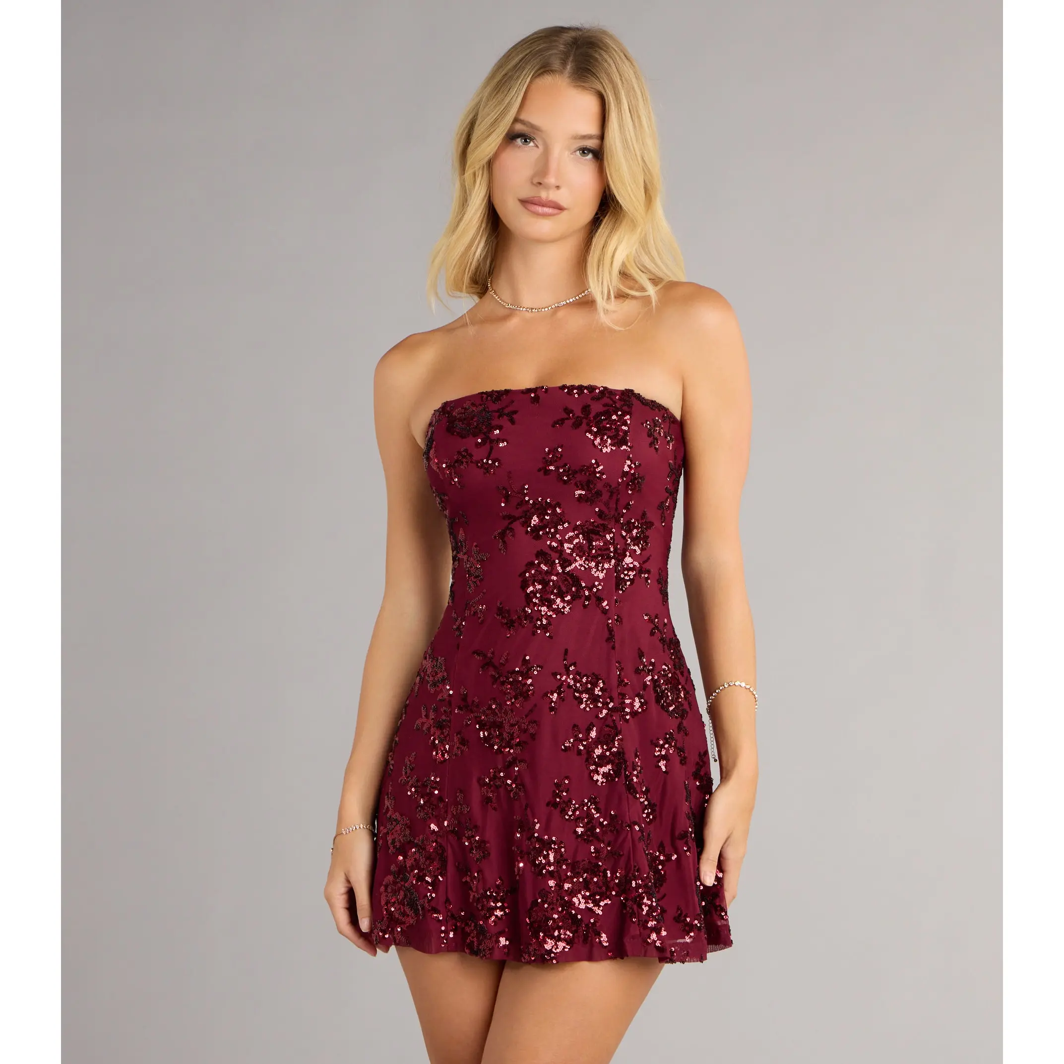 Shimmer In Bloom Floral Sequin Mini Tube Dress