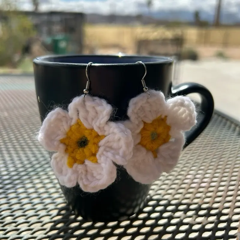 Crocheted Daisy Flower Earrings - Handmade Earrings with Yellow Center, Made of Soft Yarn, Perfect for Summer Wear