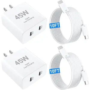 Super Fast Type C Charger For iPhone 17 Charger,45W Dual Port USB C Fast Charger Block 2-Pack & 60W 10FT USB C Cable  for Samsung Galaxy S25 Ultra/S24+/S23 iPhone 17/16/15
