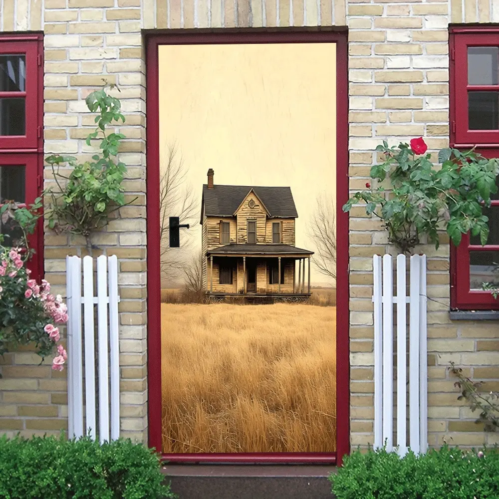 2pcs Vintage American Country Style Dilapidated House Wall Sticker Nostalgic Detached Villa Landscape Decal Living Room BedroomWall Decor Removable Self-Adhesive Wallpaper Art Home Decoration