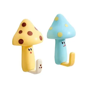 Set of 4Cute Cartoon Mushroom-Shaped Hooks, Self-Adhesive And No-Drill Wall-Mounted Hooks, Creative Key Holders, Coat And Towel Storage Racks, Bathroom And Kitchen Wall Decor (Blue + Yellow)