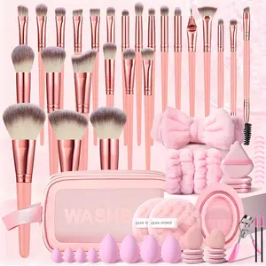 The Complete 65-Piece Pink Makeup Collection, Professional 25-Brush Set, Washbag, Headband & Wristbands, Essential Eye Tools, All Sponge & Puff Types, and Cleaning Tools, Pink Cosmetic Tools Kit for a Flawless Finish