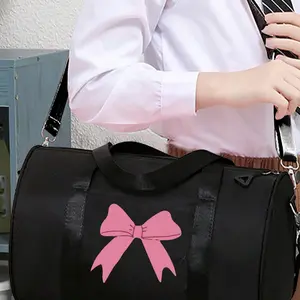 Solid Color Waterproof Sports Bag With Bow Print，Solid Color Cute Ballet Dance Duffle Bag Gym Fitness Travel Luggage Waterproof Bag For Girls, Fits Ballet Tutu, Tap Dance, Weekend Sleepover，Large Capacity Luggage Travel Duffel Bag Gym Bags