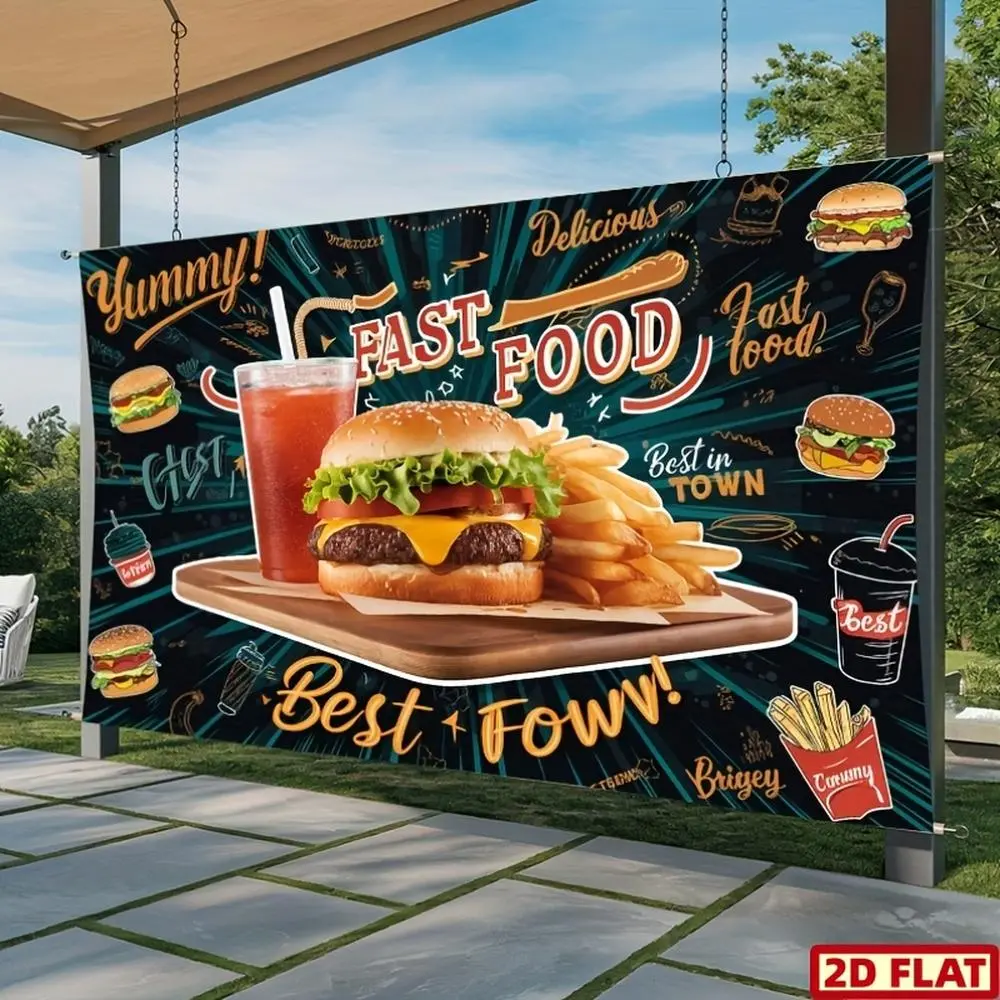 1PC 2D Flat Polyester Fast Food Banner - Colorful Print, Reusable Indoor Backdrops, Standing Banner for Hamburger & Fries Gourmet Photography, Birthday Party Decor