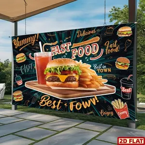 1PC 2D Flat Polyester Fast Food Banner - Colorful Print, Reusable, Indoor Backdrops, Standing Banner for Hamburger & Fries Gourmet Photography, Birthday Party Decoration