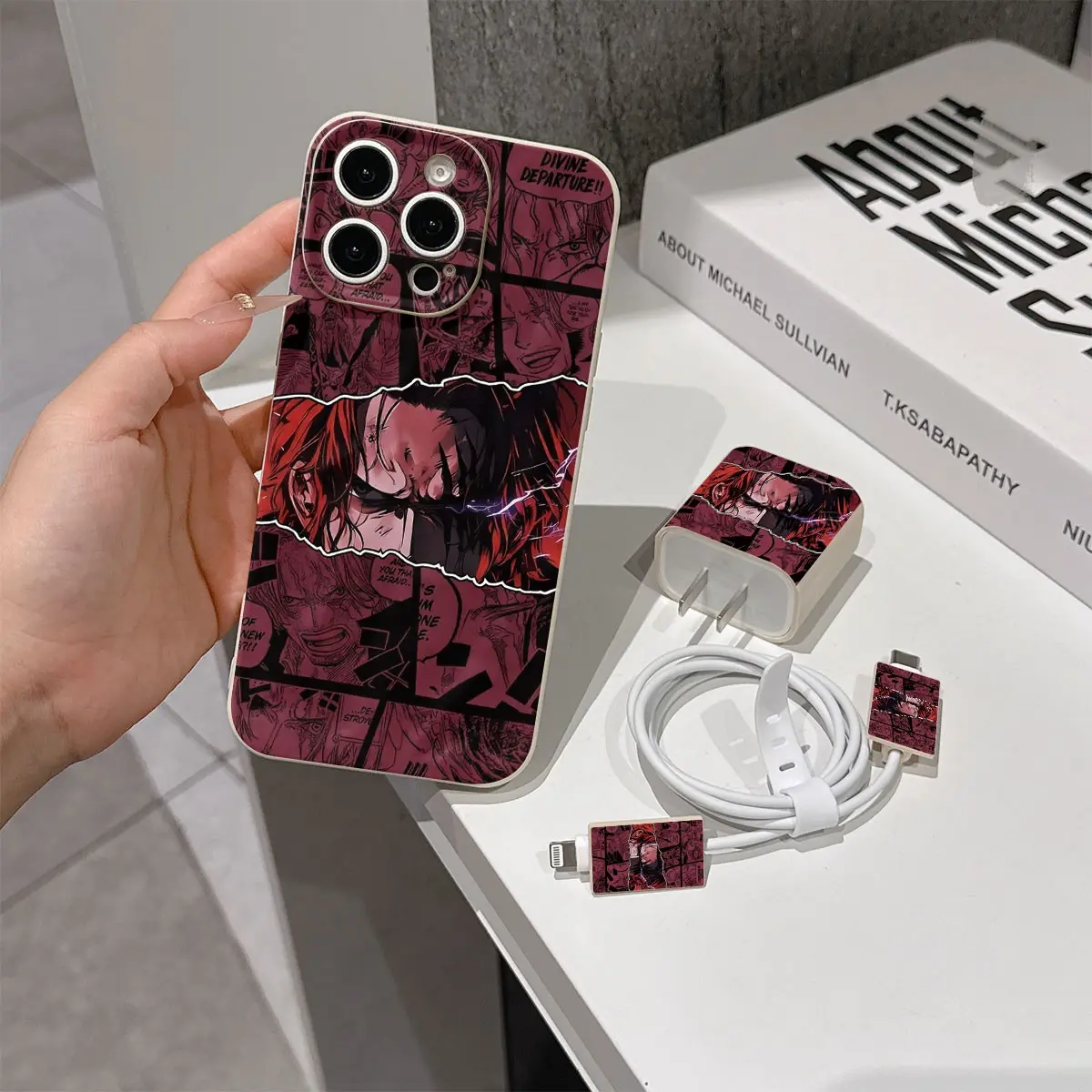 5 Piece Set Antique Anime Phone Case, Charger Head Cover, Cable Protector, Storage Rope, Anti-Drop Tpu Case for iPhone 6-17 Pro Max