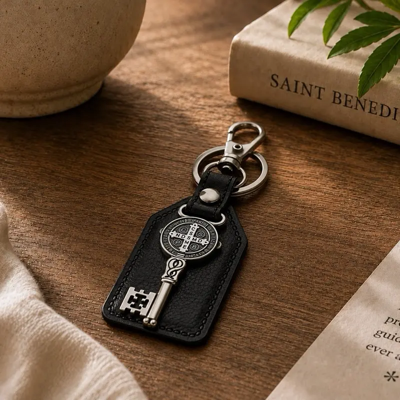 San Benito Catholic Alloy Pendant Keychain - Metal Coating, Synthetic Leather, 1-Size, 1 Piece Religious Gift Fashion Accessory