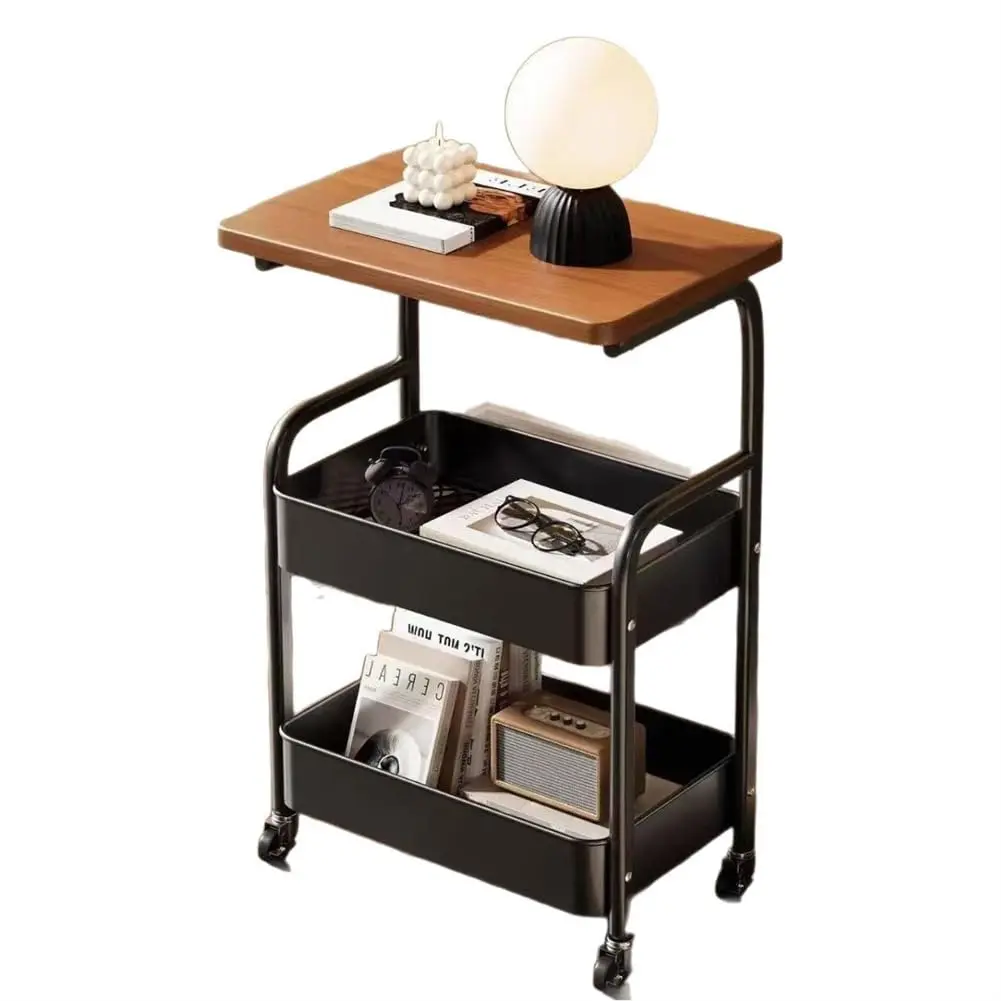 3-Tier Rolling Cart Organizer with Wooden Tabletop - Heavy Duty Metal Storage Utility Table Cart with Lockable Wheels. Multifunctional Space-Saving Shelves for Kitchen Storage, Bathroom, Office, Living Room Coffee Table & Snack Trolley.