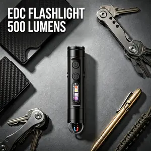 EDC Flashlight, Pocket Rechargeable Flashlight,Mini Keychain Light, 500 Lumens, USB Type-C Interface - Magnetic Base, 3 Color Sidelights, Red-Blue Strobe, Fire Starter, Window Breaker, for Outdoor Camping, Emergency, Everyday Carry