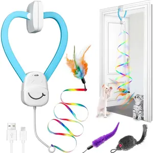 Automatic Door Hanging Cat Toy for Indoor Cats - Electric Interactive Feather Wand, Mouse & Worm Set, 360° Rotating, Type-C Rechargeable, Quiet Self Play Enrichment for Bored Kittens