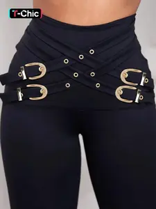 Women's Criss Cross Metal Buckle Decor High Waist Rise Tight Leggings, Fashion Casual Comfy Breathable Skinny Pants for Daily Wear, Ladies Bottoms for All Seasons