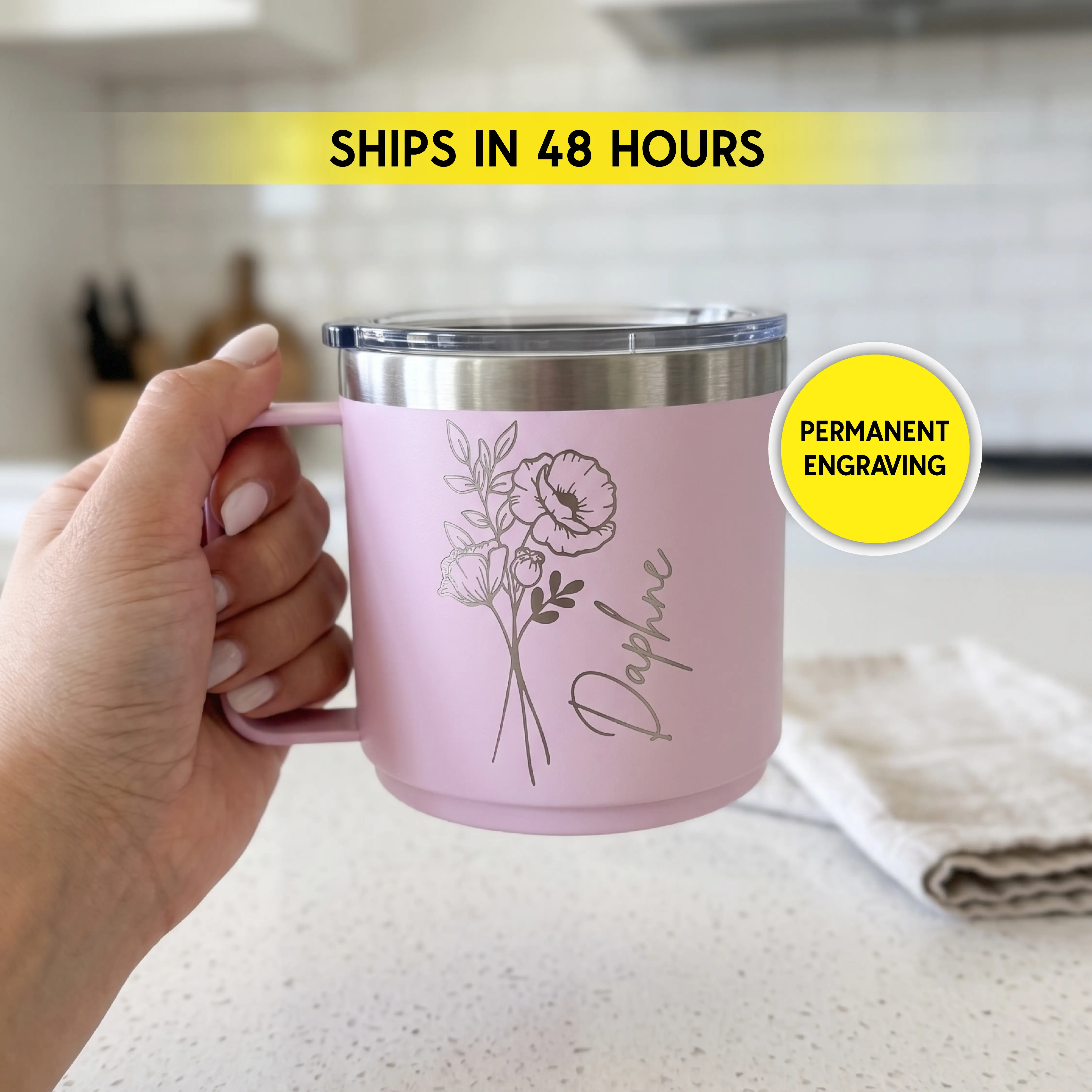 Personalized Birth Flower Insulated Coffee Mug Tumbler with Handle Laser Engraved Custom Gift for Sister Best Friend Bridesmaid, Travel Mug