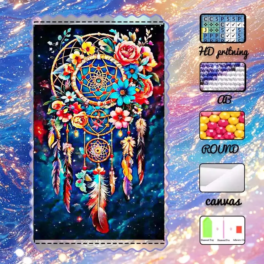 DIY 5D velvet, AB diamonds, fairy dust diamonds, crystal diamonds, dream catcher floral diamond embroidery, diamond painting handmade kit, diamond art set, Craft, wall decoration, Handmade Gifts, Diamond Painting Kits