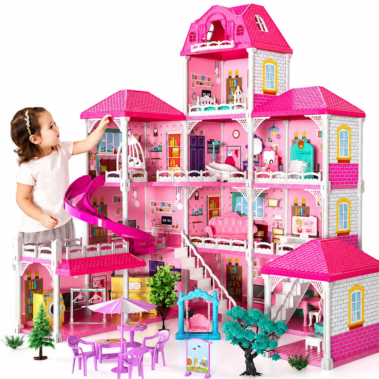 Girls' Dream Doll Villa Toy Set house— Classic Pink Mansion Building Blocks with Lights and Slide, Fully Equipped Home with Multiple Rooms including Living Room, Kitchen, Music Room, Attic, Bedroom, Suitable for Interactive Role Play for Children Ages 3+