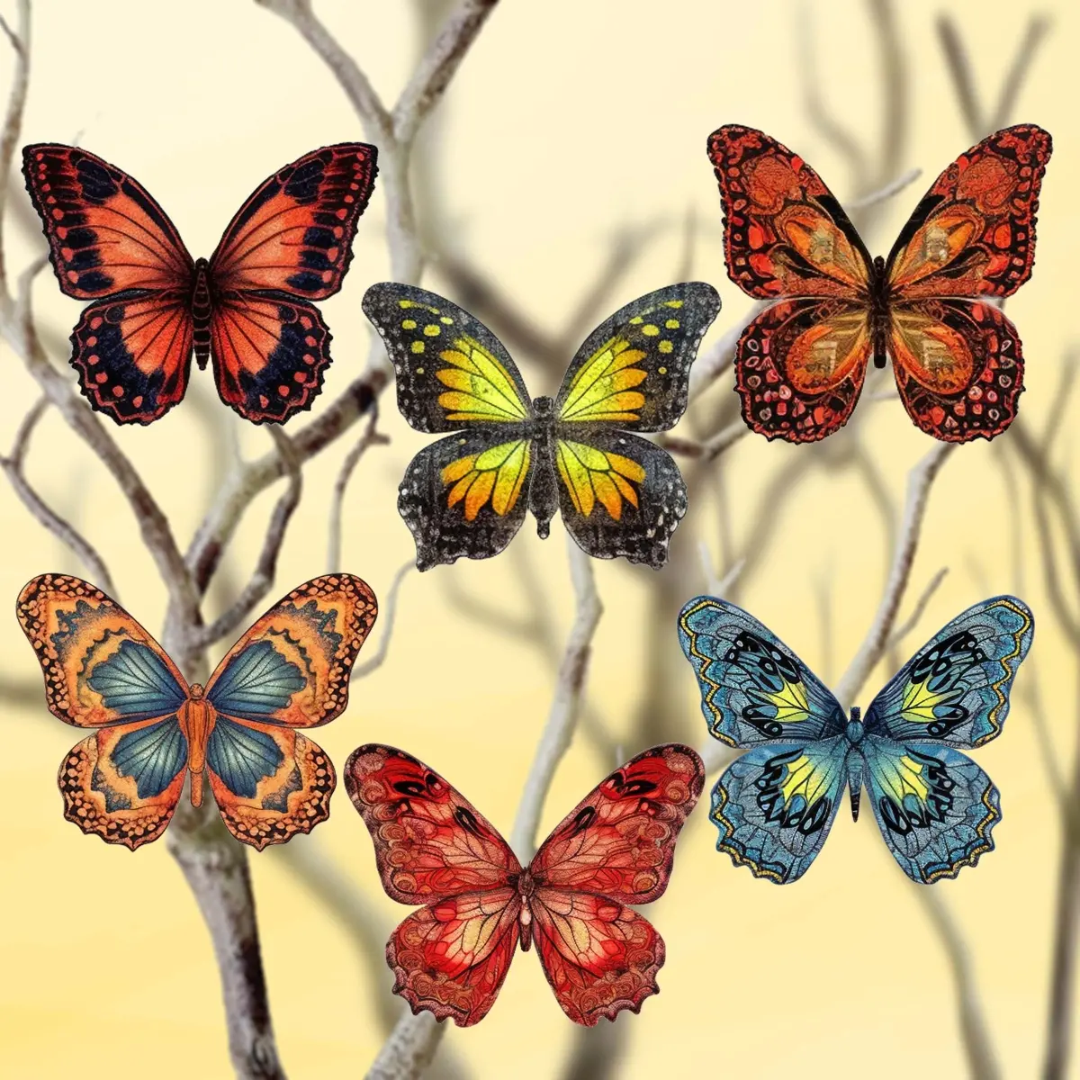 Designocracy 8090012-1C-S6 Handmade UV-Coated UV-Resistant Wooden Butterfly Clip-On Ornaments, 6-Piece Set, 2 x 2 x 0.25 inches, 0.8 lbs, Animal-Themed Mini Festive Home Decor, Holiday Gift with High Color Fastness Clips