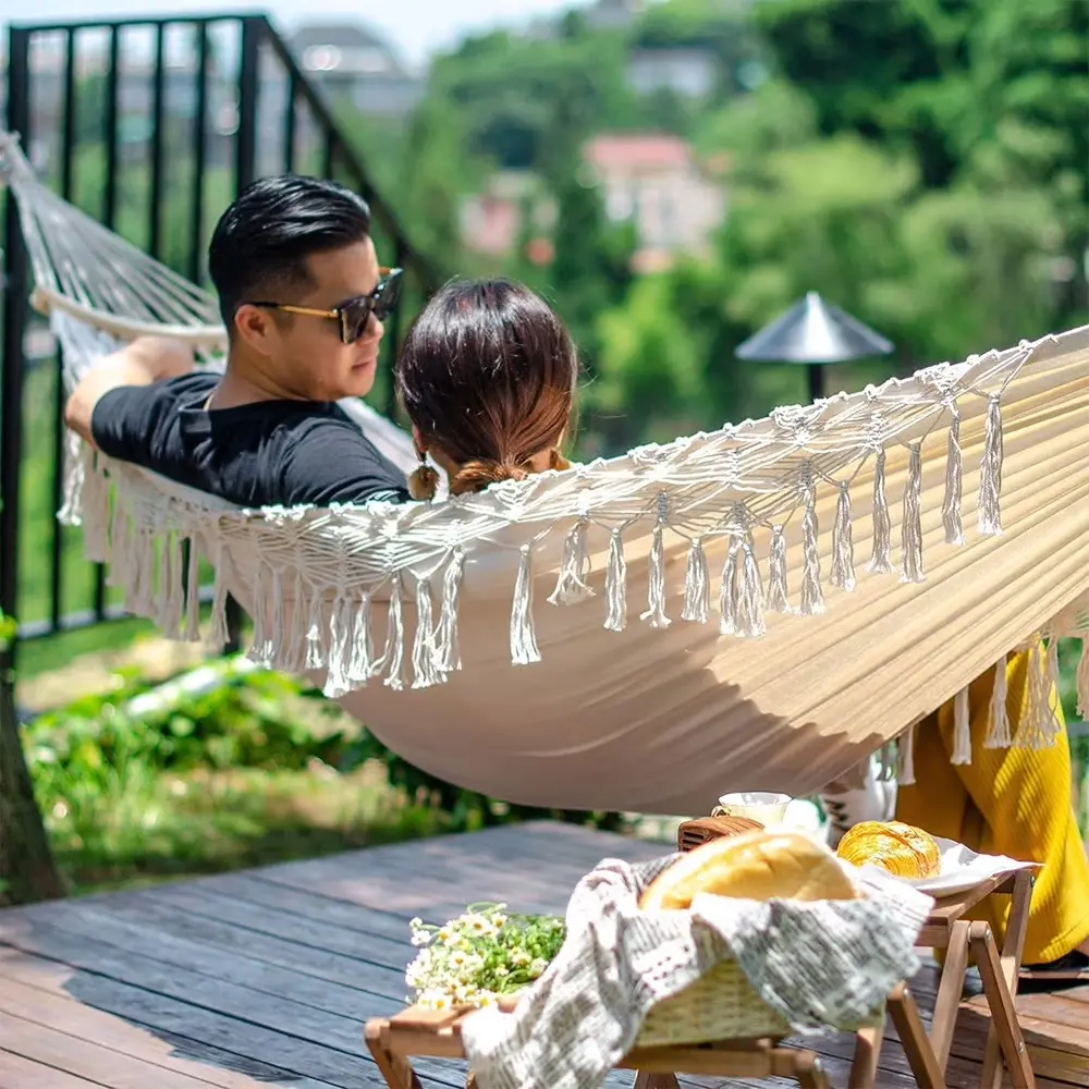 Cotton Double Macrame Hammock Hanging Swing - Cozy Hammock with Tassel Detail, 500lbs Max Capacity, Sturdy Beige Patio Swings Outdoor, Boho Home Decor for Relaxation, Garden Improvement