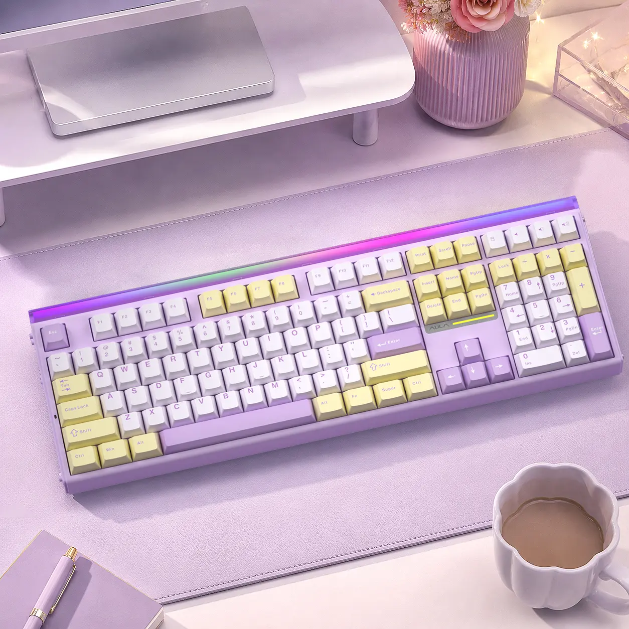 [New]AULA H108 Full-Size   Aesthetic   Silent Mechanical Keyboard  with  Number Pad,Hot Swappable   Tri-Mode  Bluetooth 2.4G Wireless,Silent Switches, RGB Backlight Yellow  Purple, PC Accessories, Silent Keyboards,back to school,back to school shopping