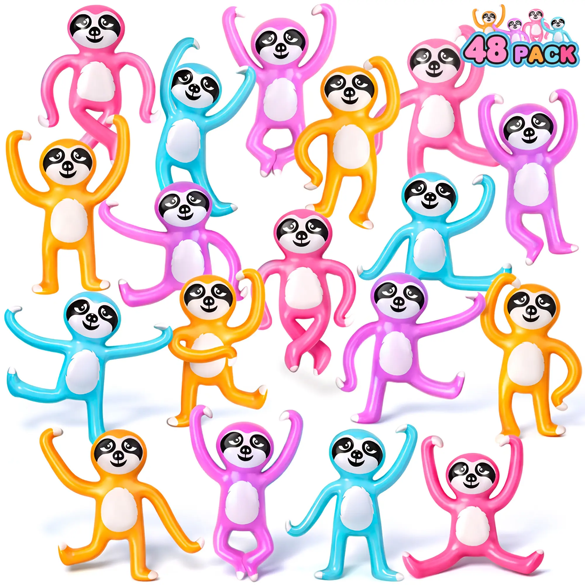 Mini Bendable Sloth Toys, Set of 48, Bendable Animal Toys for Kids in Assorted Colors, Portable Stress Relief Toys for Kids, Fidget Toys for Boys and Girls and Zoo Party Favors