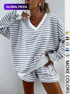 Women's Striped Print Long Sleeve Tee & High-Waisted Shorts Two-piece Set, Casual Top & Shorts for Spring, Women's Clothes for Daily Wear, Casual Lounge Set