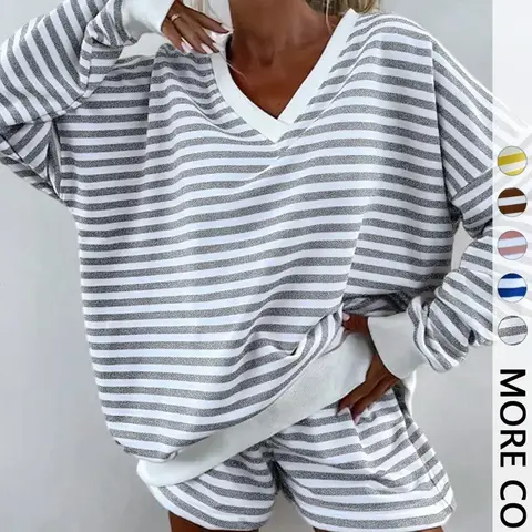 Women's Striped Print Long Sleeve Tee & High-Waisted Shorts Two-piece Set, Casual Top & Shorts for Spring, Women's Clothes for Daily Wear, Casual Everyday Set